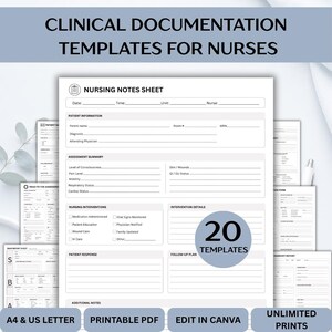 May include: A collection of clinical documentation templates for nurses, featuring a central nursing notes sheet with sections for patient information, assessment summary, interventions, and follow-up plans. The set includes 20 templates in A4 and US Letter sizes, available as printable PDFs or editable Canva files for professional medical record keeping.