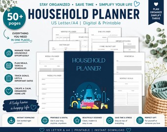 Printable Household Planner, Digital Family Organizer, Meal Budget PDF