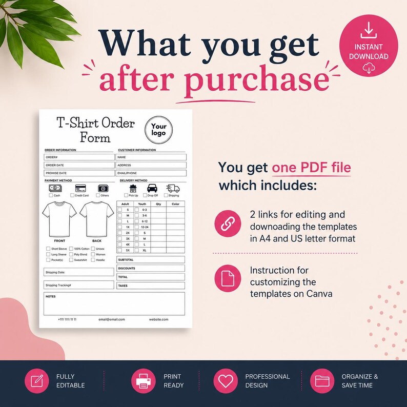 Editable T-shirt Order Form Template - Printable Apparel Invoice ...