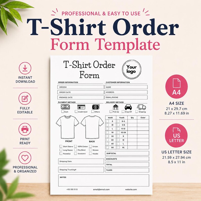 Editable T-shirt Order Form Template - Printable Apparel Invoice ...