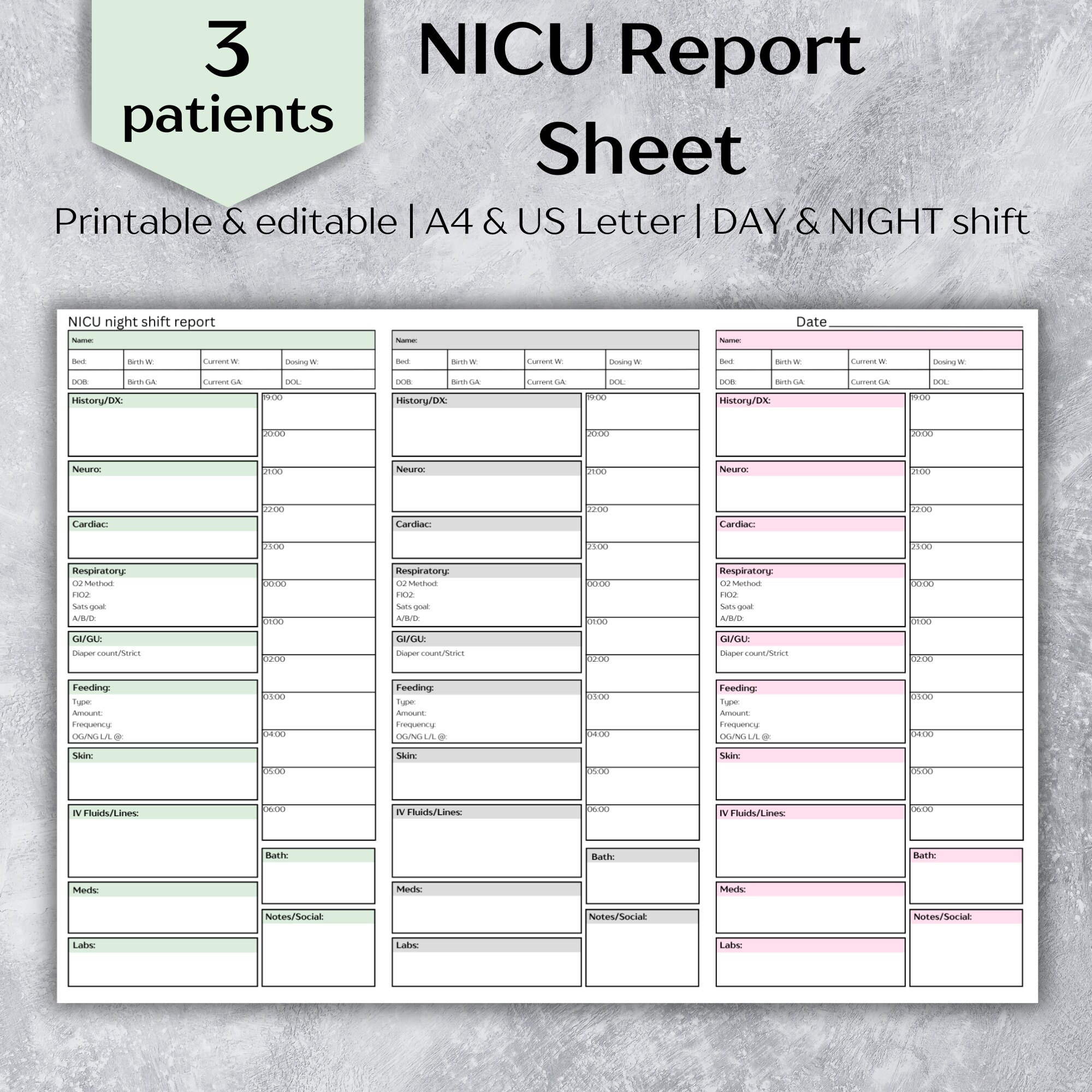 NICU Report Sheet 3 Patient, NICU Nurse Brain - Day/night
