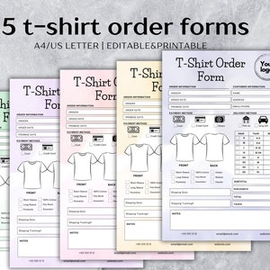 5 tshirt order form bundle, Custom t-shirt order form template, Printable t shirt order forms - A4/US Letter, INSTANT download