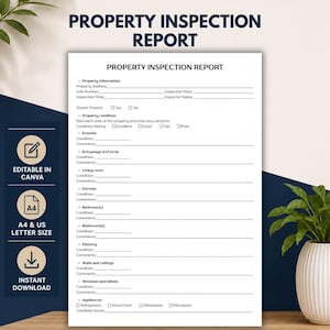 Peut inclure: Un document de rapport d'inspection de propriété blanc avec du texte noir, comprenant des sections pour les informations sur la propriété, les évaluations d'état et des zones spécifiques comme l'extérieur, la cuisine et la chambre.