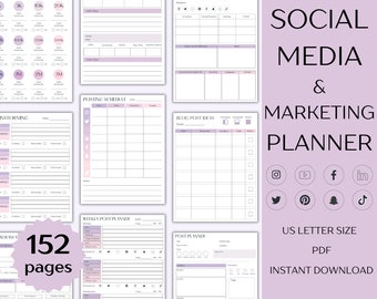Social media planner, Content calendar, Instagram, Youtube, Pinterest, TikTok, Facebook planners - A4, US Letter
