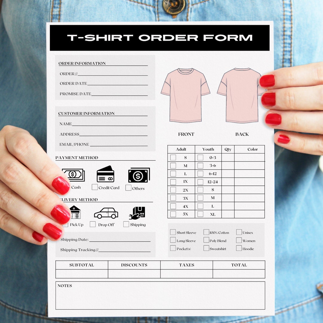 Editable T-shirt Order Form Template, Printable Tshirt Order Form - A4 ...