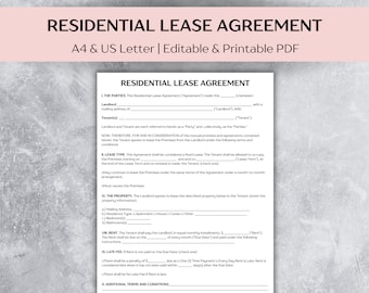 Residential Lease Agreement Template, Landlord Forms, Printable PDF -A4/US Letter