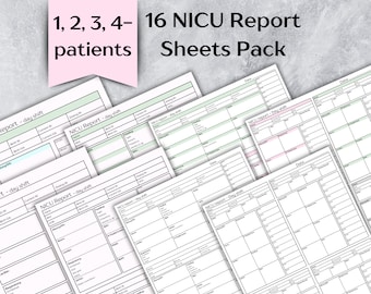 NICU nurse report sheets pack, 1, 2, 3, 4 patient NICU nurse brain - Day/Night shift, A4&US Letter