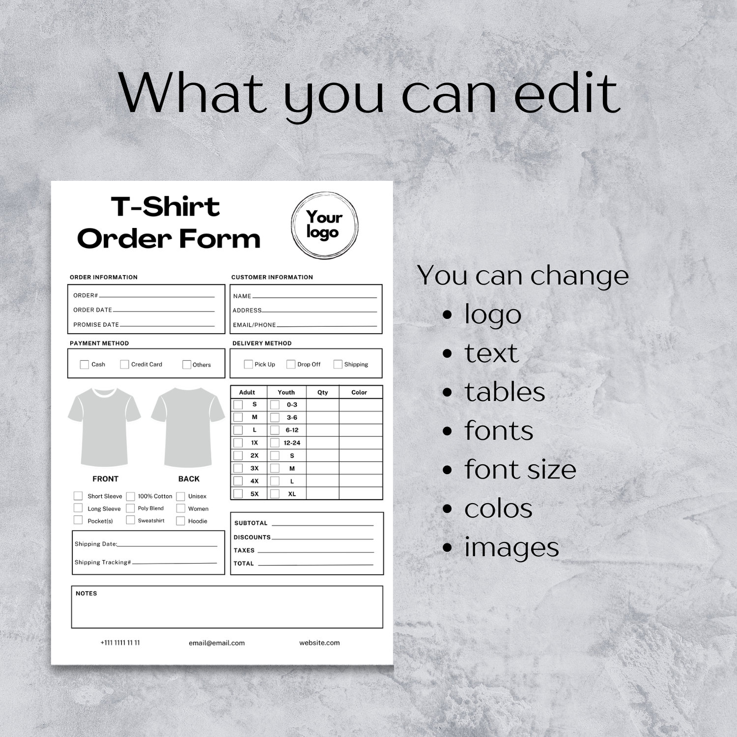 Tshirt Order Form Template Editable, Printable T-shirt Order Form - A4/US Letter, INSTANT ...