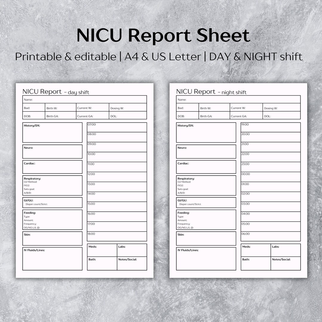 Nicu Report Sheet Printable, Nicu Brain Sheet, Nurse Report Sheet - A4 ...