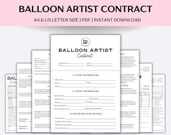 May include: A collection of white paper documents with black text, including a "Balloon Artist Contract" form. The documents are labelled "A4 & US LETTER SIZE | PDF | INSTANT DOWNLOAD". The forms include sections for client and event information.