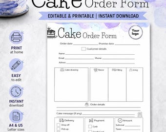 Editable Cake Order Form Template, Bakery Invoice, Canva Business Form - A4 US Letter