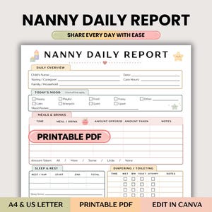 May include: A Nanny Daily Report printable PDF template featuring sections for daily overview, mood, meals, drinks, sleep, and toileting. The document includes pastel-coloured icons of blocks, a star, and an apple, with text fields for child details.