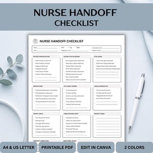 Puede incluir: Una hoja de control de traspaso de enfermería en color blanco con texto negro y secciones en cuadrícula para identificación del paciente, estado, signos vitales, medicamentos, vías, drenajes, laboratorios, diagnósticos y tareas.