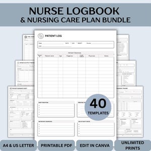 May include: A nurse logbook and nursing care plan bundle featuring 40 templates in a printable PDF format. The document includes a patient log with sections for patient tracking, shift priorities, pending tasks, reminders, and end of shift notes.