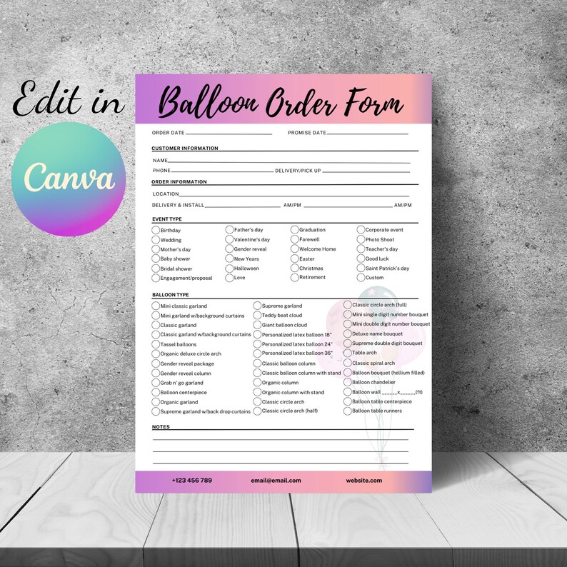 Balloon Order Form & Invoice Template - A4, US Letter - Etsy