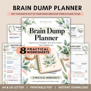 Könnte beinhalten: Ein digitaler Brain Dump Planer mit 8 praktischen Arbeitsblättern, verziert mit Aquarellblatt-Illustrationen, einem Spiralnotizbuch, einem Stift und einer goldenen Büroklammer. Der Text enthält Brain Dump Planner, 8 Practical Worksheets und A4 & US Letter.
