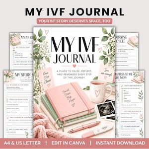 May include: A My IVF Journal planner with a pink cover featuring the text Small Steps Big Hope, a green notebook, a pink pen, a white mug with a heart, a medical test, and ultrasound images. The pages include text like My Starting Point and My Story.