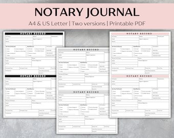 Notary Journal, Notary Public Record Book, A4, US Letter - Editable PDF
