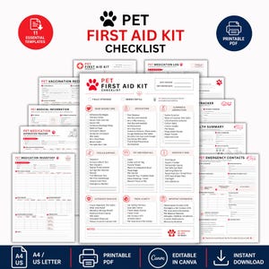 Pet First Aid Kit Checklist - Animal Emergency Supplies - Veterinary Safety Inventory - Canva Editable