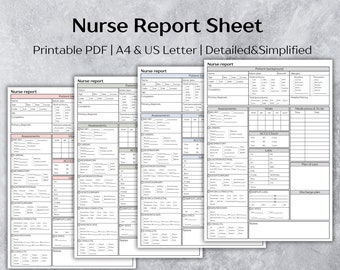 May include: A printable nurse report sheet in PDF format. The sheet is divided into sections for patient information, assessments, vitals, medications, and a plan of care. The sheet is designed for use by nurses to document patient care.