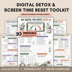 May include: A digital detox and screen time reset toolkit featuring 10 printable worksheets. The pages include a My Digital Wellness Check-In, habit maps, and boundary planners with illustrations of potted plants, a clock, and a screen use gauge.