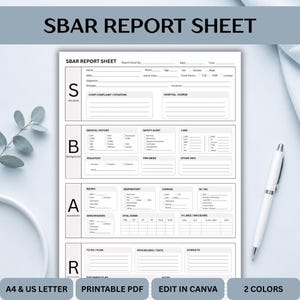 Puede incluir: Una hoja de informe SBAR blanca para documentación médica. El documento incluye secciones para situación, antecedentes, evaluación y recomendación, con líneas en blanco y casillas de verificación para datos del paciente y signos vitales.