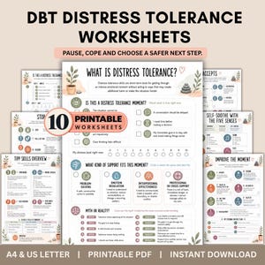 May include: A collection of 10 printable DBT distress tolerance worksheets in PDF format. The pages feature text, checkboxes, and icons related to emotional regulation, including titles like What is Distress Tolerance and TIPP Skills Overview.