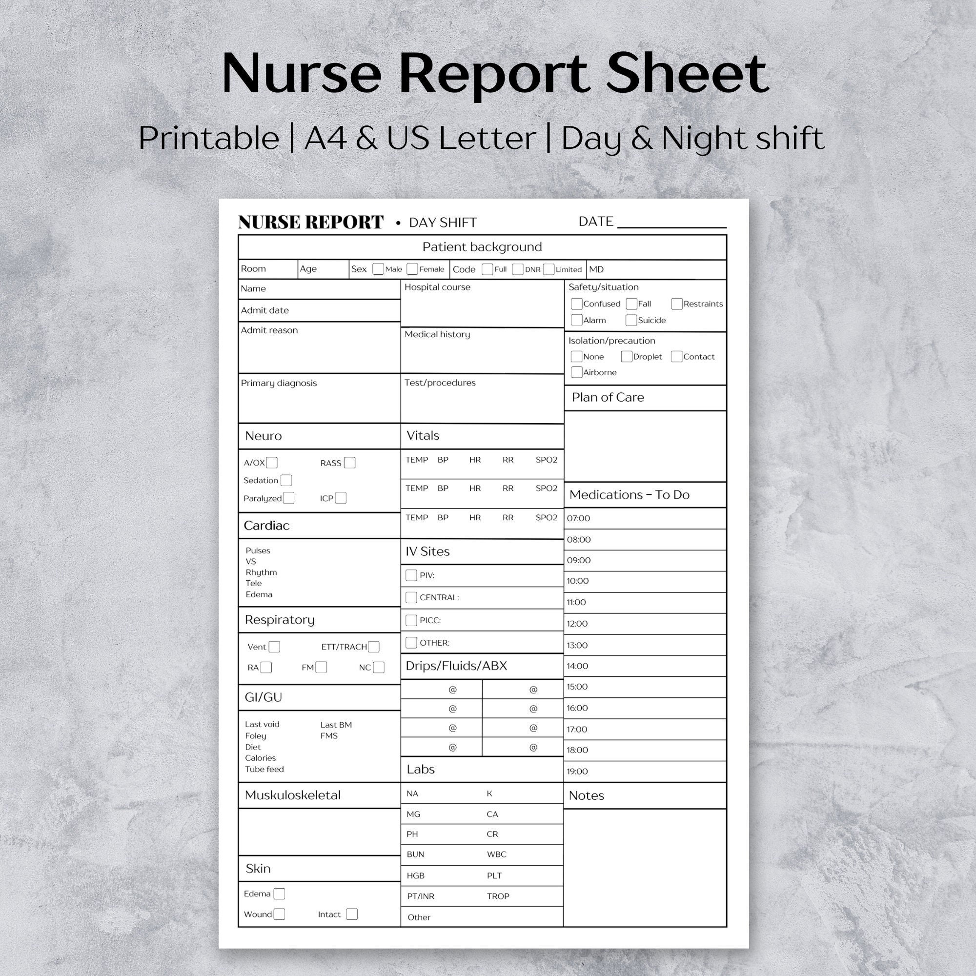 ICU Nurse Shift Report Sheet Med Surg, Nurse Brain Sheet, Nursing