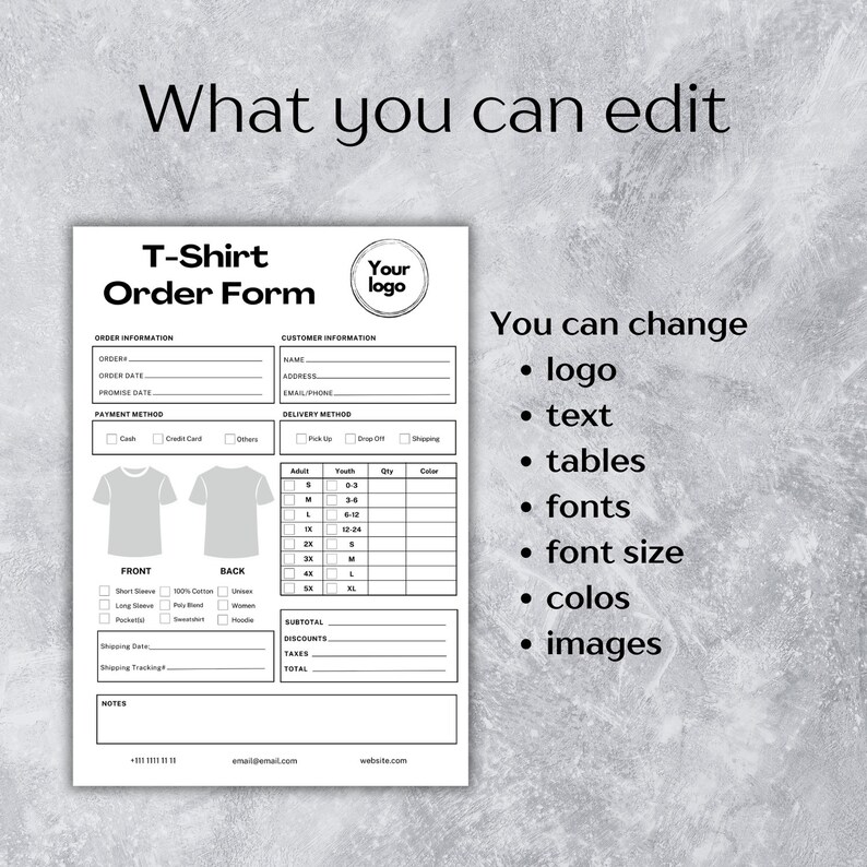 Editable T-shirt Order Form, Printable Tshirt Order Form A4&amp;US Letter ...