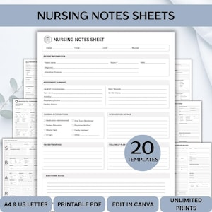 Nursing Notes Sheet - Patient Documentation Template - Clinical Progress Record - Nurse Charting Form - Editable Canva