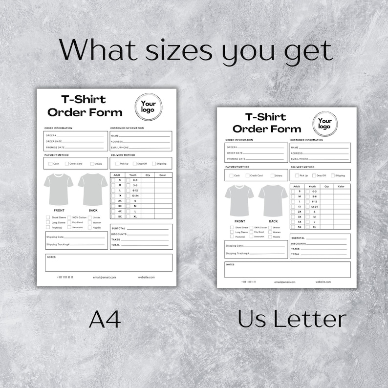 Editable T-shirt Order Form, Printable Tshirt Order Form A4&US Letter ...