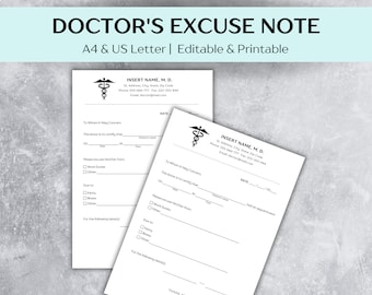 Printable Doctor's Excuse Note Template, Instant Download - A4/US Letter