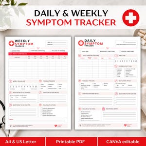 Pode incluir: Duas folhas de papel brancas intituladas Daily & Weekly Symptom Tracker com texto vermelho e ícones de cruz médica. Os formulários incluem seções para registros de sintomas, escalas de dor, eficácia de medicamentos e perguntas ao médico.