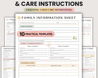 May include: A set of printable nanny information and care instruction templates in A4 and US Letter sizes. The document features a family information sheet with sections for care location, parent contacts, and children in care details.
