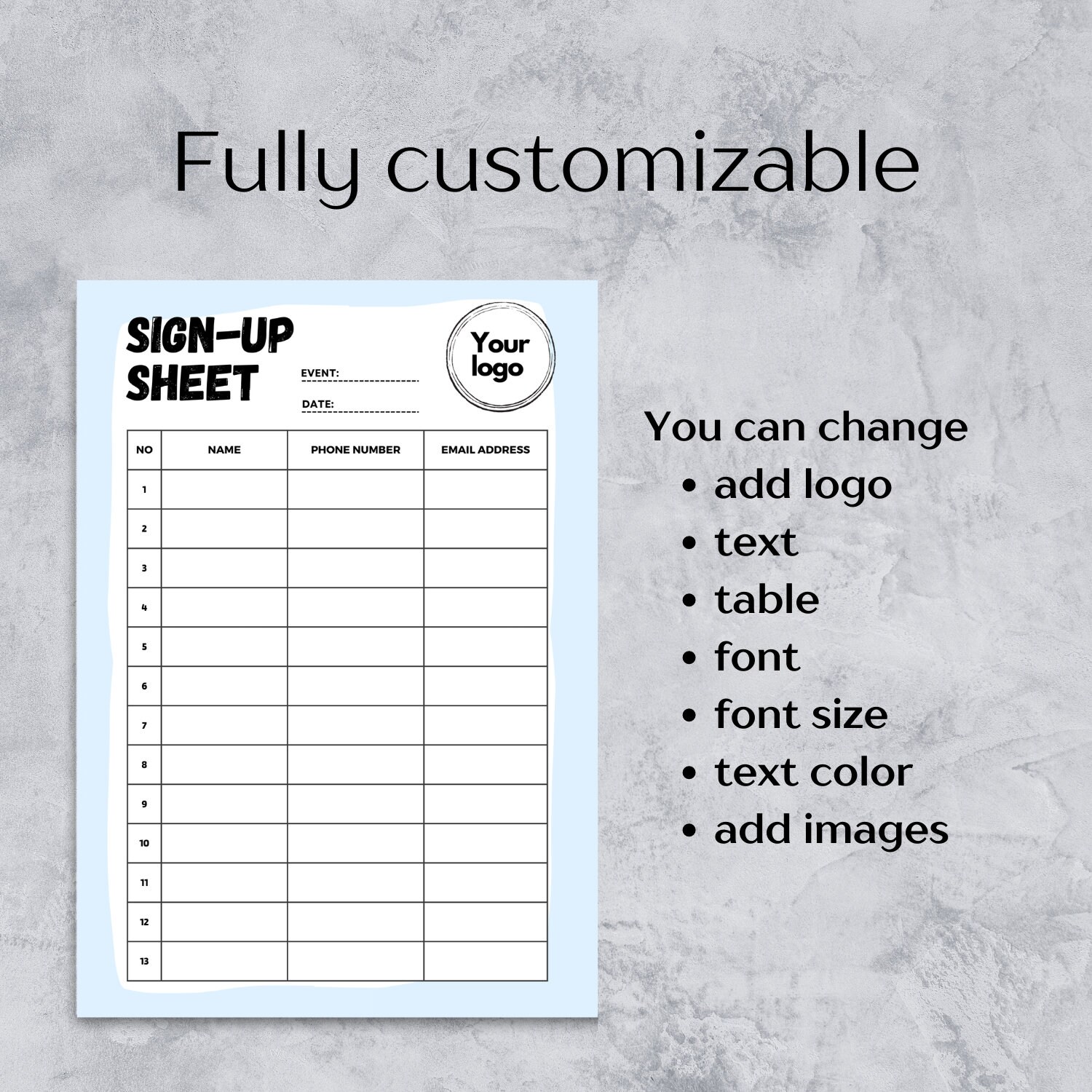 Editable Sign up Sheet Printable Sign in Sheet Contact Sheet - Etsy