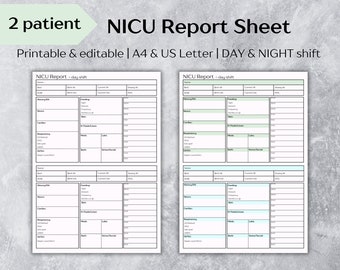 2 patient NICU report sheet, NICU nurse brain sheet - Day/Night shift, Editable&Printable