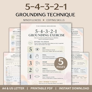 May include: A five-page printable PDF set featuring the 5-4-3-2-1 grounding technique. The main page displays a numbered list from 5 to 1 with corresponding icons for sight, touch, hearing, smell, and taste, alongside instructions for mindfulness and coping skills.
