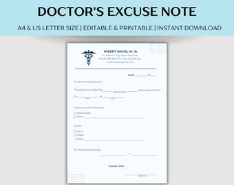 Editable Doctor's Excuse Note Template, Printable Medical Form - Instant Download