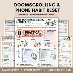 Doomscrolling Workbook, Phone Habit Reset, Stop Scrolling Tracker, Mindful News Boundaries, Digital Wellness