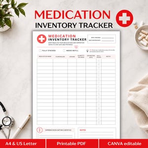 Puede incluir: Una hoja blanca de seguimiento de inventario de medicamentos con detalles en rojo, que presenta un encabezado con un icono de cruz médica, columnas para nombre del medicamento, propósito, dosis, cantidad, fecha de caducidad, estado de recarga y notas.