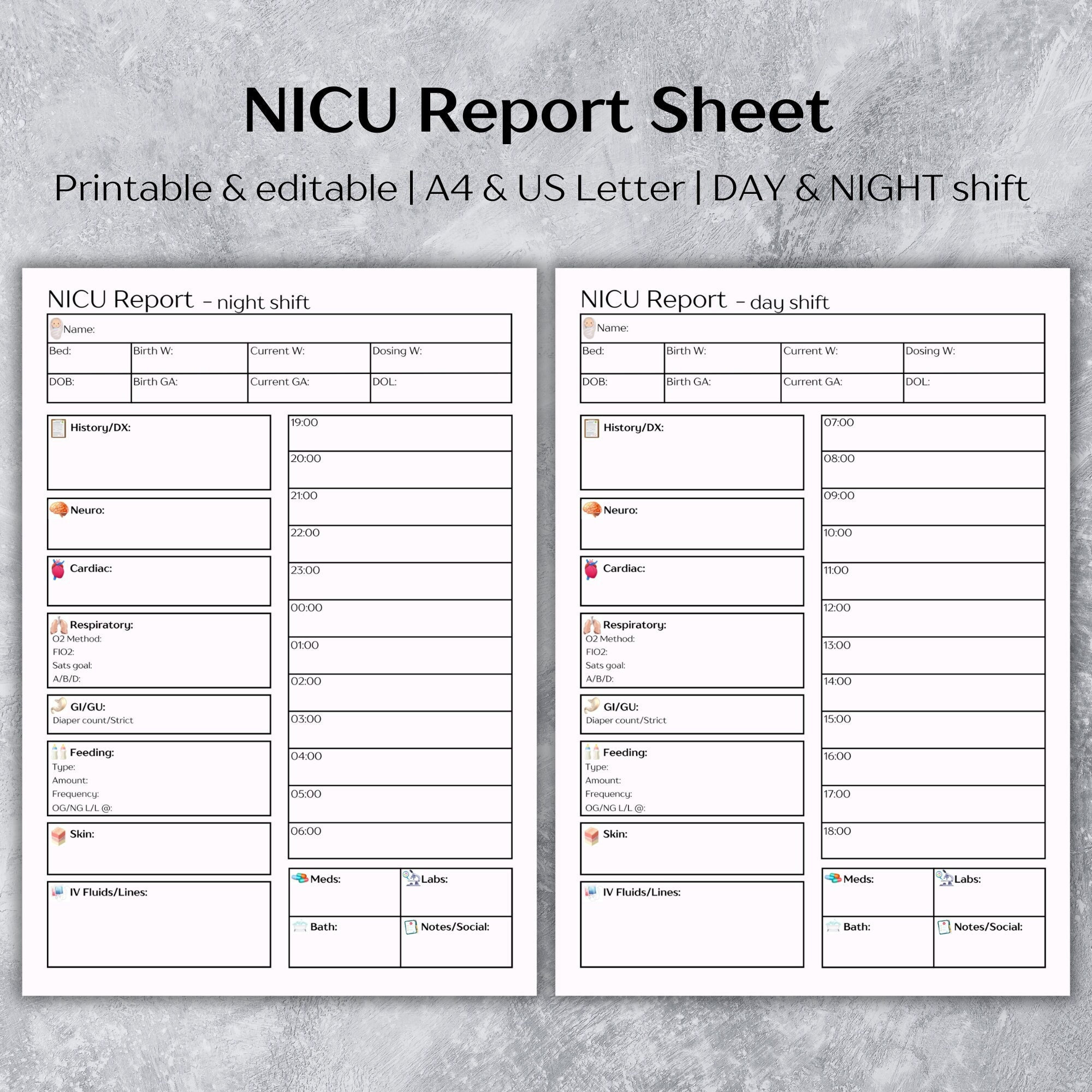 Editable NICU report sheet 1 patient, Day and Night shift - A4/US Letter