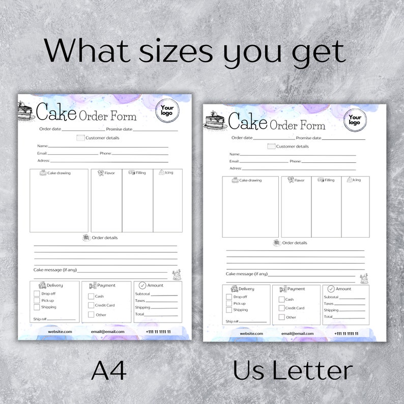 Editable Cake Order Form Template, Bakery Order Form A4&US Letter