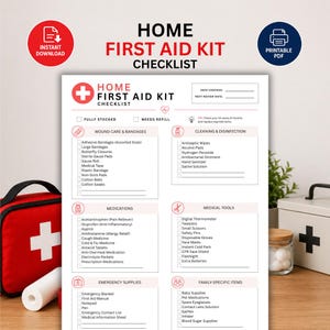 Puede incluir: Una lista de control para botiquín de primeros auxilios en papel blanco con texto en rojo y negro. Incluye secciones para curas, limpieza, medicamentos, herramientas médicas, suministros de emergencia y artículos familiares con casillas.