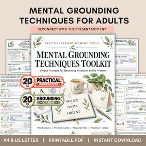 May include: A mental grounding techniques toolkit printable PDF set featuring 20 practical worksheets and 20 grounding cards. The central image shows an open book with the text Notice, Name, Orient, a mug, a plant, and a pen on a white background.