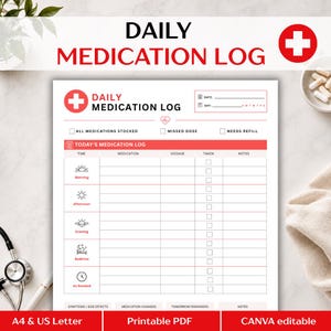 May include: A white daily medication log sheet with red text and accents. The form includes sections for date, day, medication, dosage, time, and notes. Icons represent morning, afternoon, evening, bedtime, and as needed. It features checkboxes.