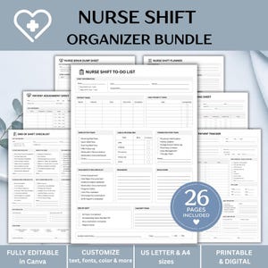 Puede incluir: Un paquete digital de organizador de turnos de enfermería con varias plantillas imprimibles, incluyendo una lista de tareas, hoja de asignación de pacientes y lista de verificación de fin de turno, en blanco y negro con un logo de corazón.