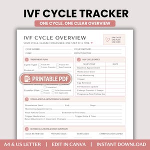 Könnte beinhalten: Ein druckbares PDF-Dokument zur Verfolgung von IVF-Zyklen in hellrosa und weiß. Das Formular enthält Abschnitte für Behandlungspläne, wichtige Zyklusdaten, Zusammenfassungen zur Stimulation und Überwachung sowie Daten zur Befruchtung.
