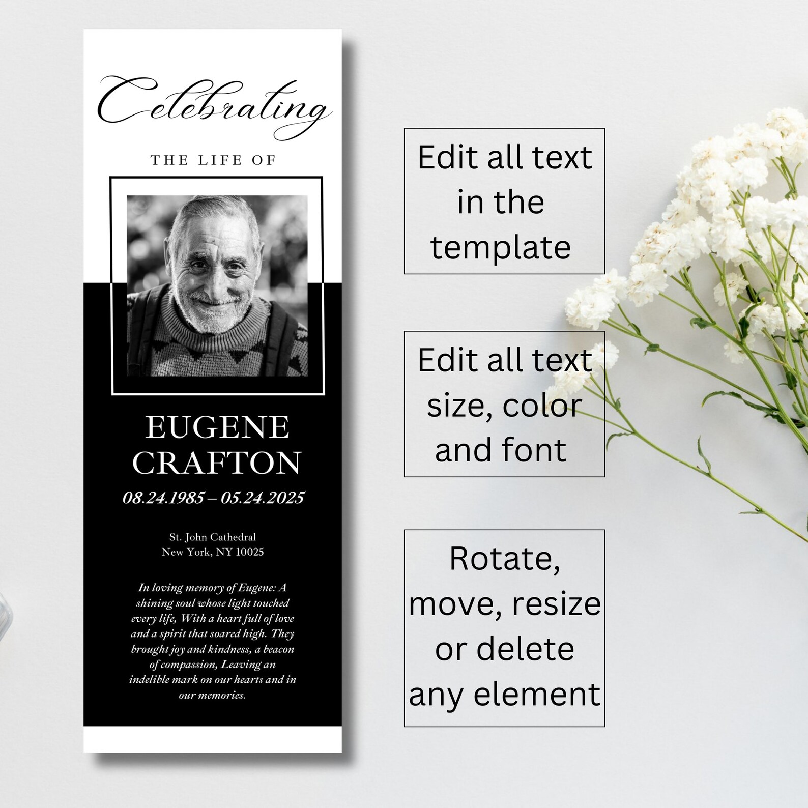 Memorial Bookmarks Template for Men, Funeral Bookmark Template, Funeral Keepsake, Obituary ...