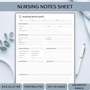 May include: A white nursing notes sheet document featuring black text and lines. The form includes sections for patient information, assessment summary, nursing interventions, intervention details, patient response, follow-up plan, and additional notes.