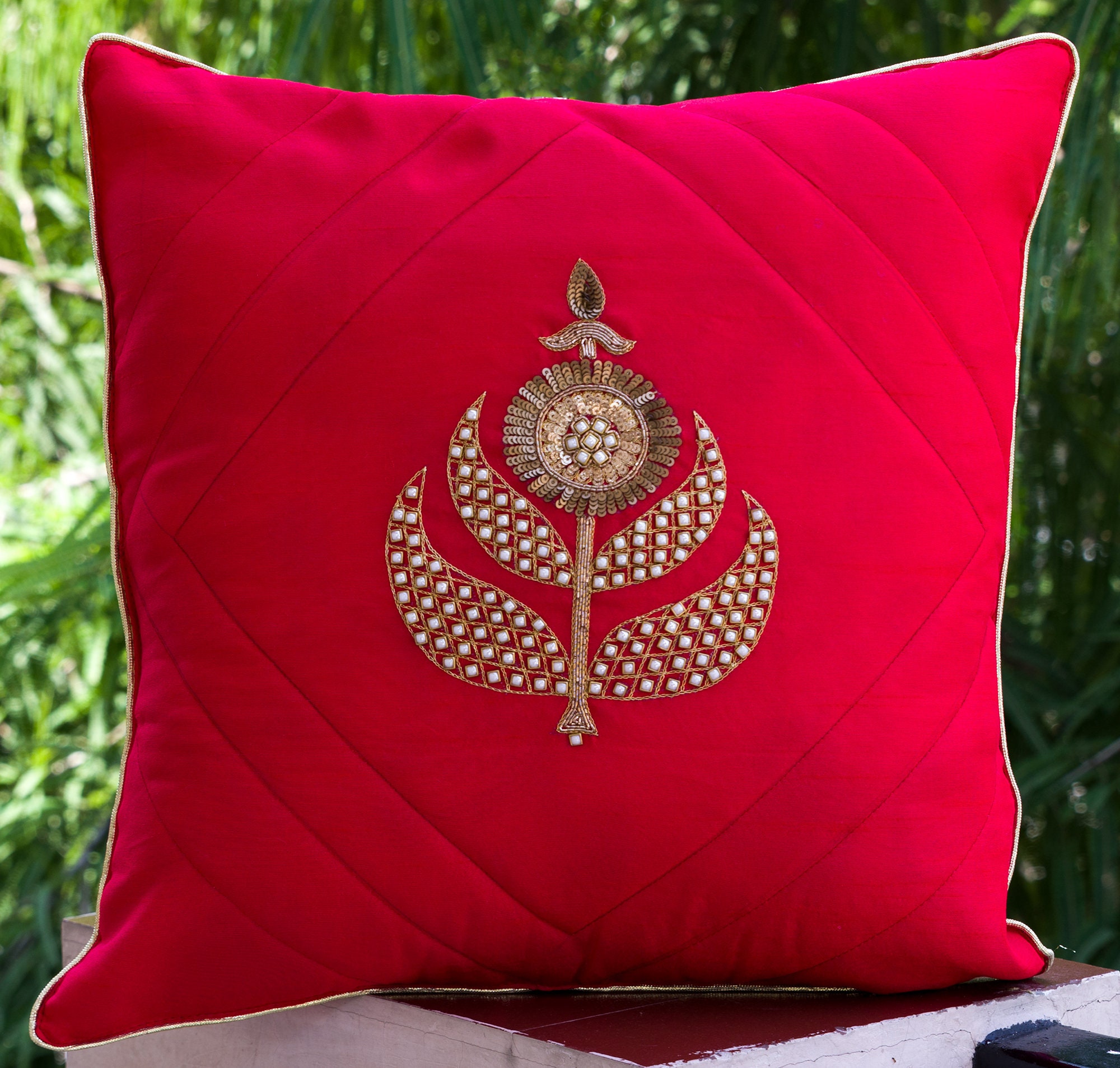 Hand embroidered cushion cover Red cushion cover Decorative Etsy
